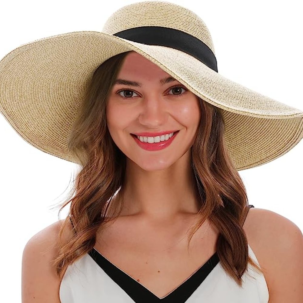 Women’s Straw Sun Hat Floppy Wide Brim Foldable UV Protection Mix Beige S/M-L/XL